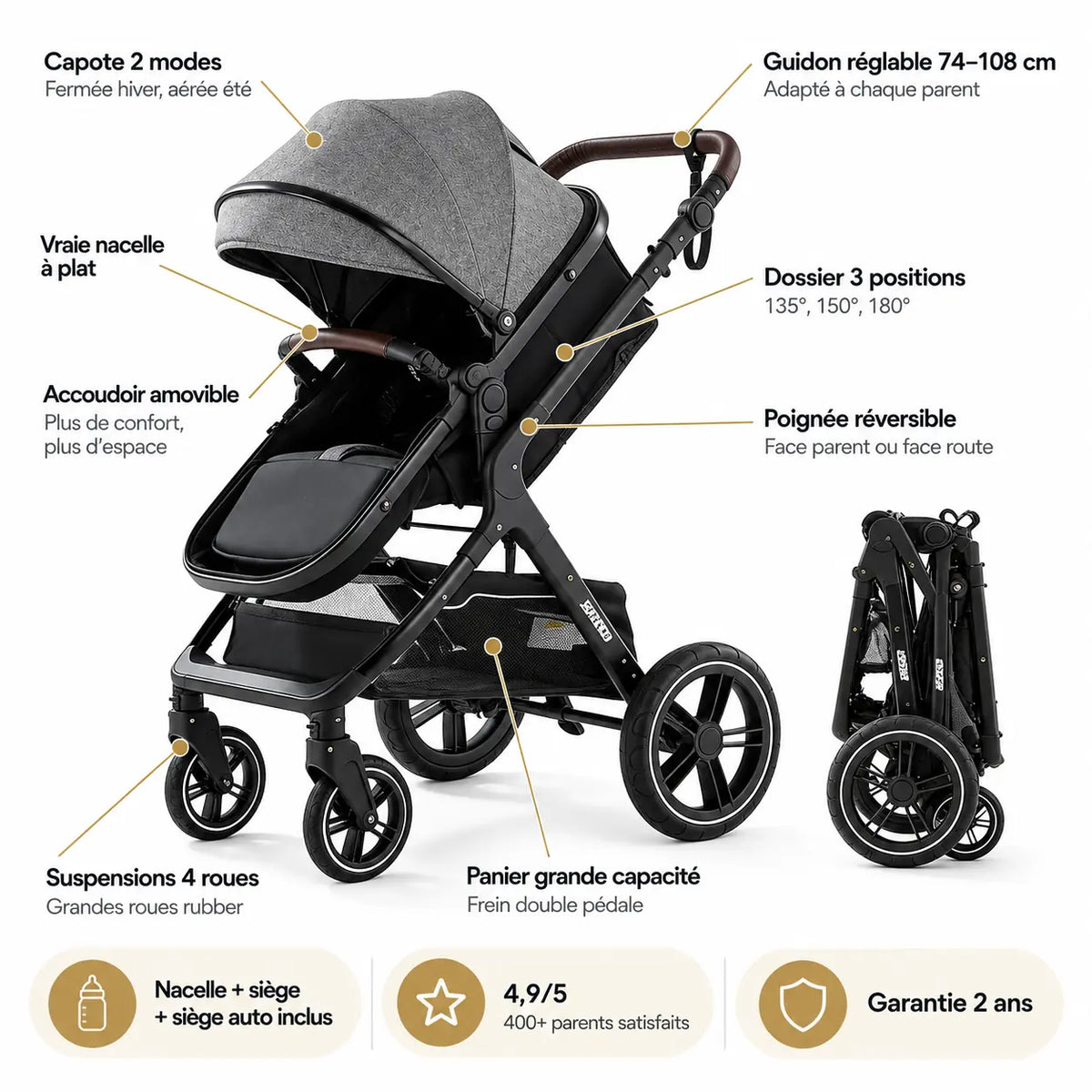 Poussette 3 en 1 compacte - NAAYLI