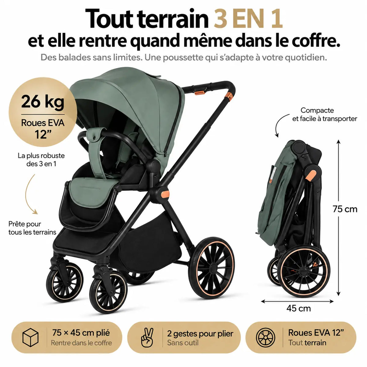 Poussette 3 en 1 compacte tout terrain - NAAYLI