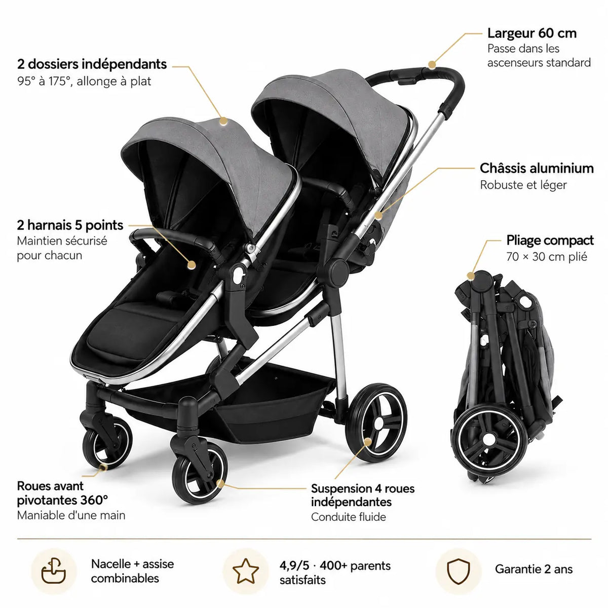 Poussette double compacte évolutive - NAAYLI