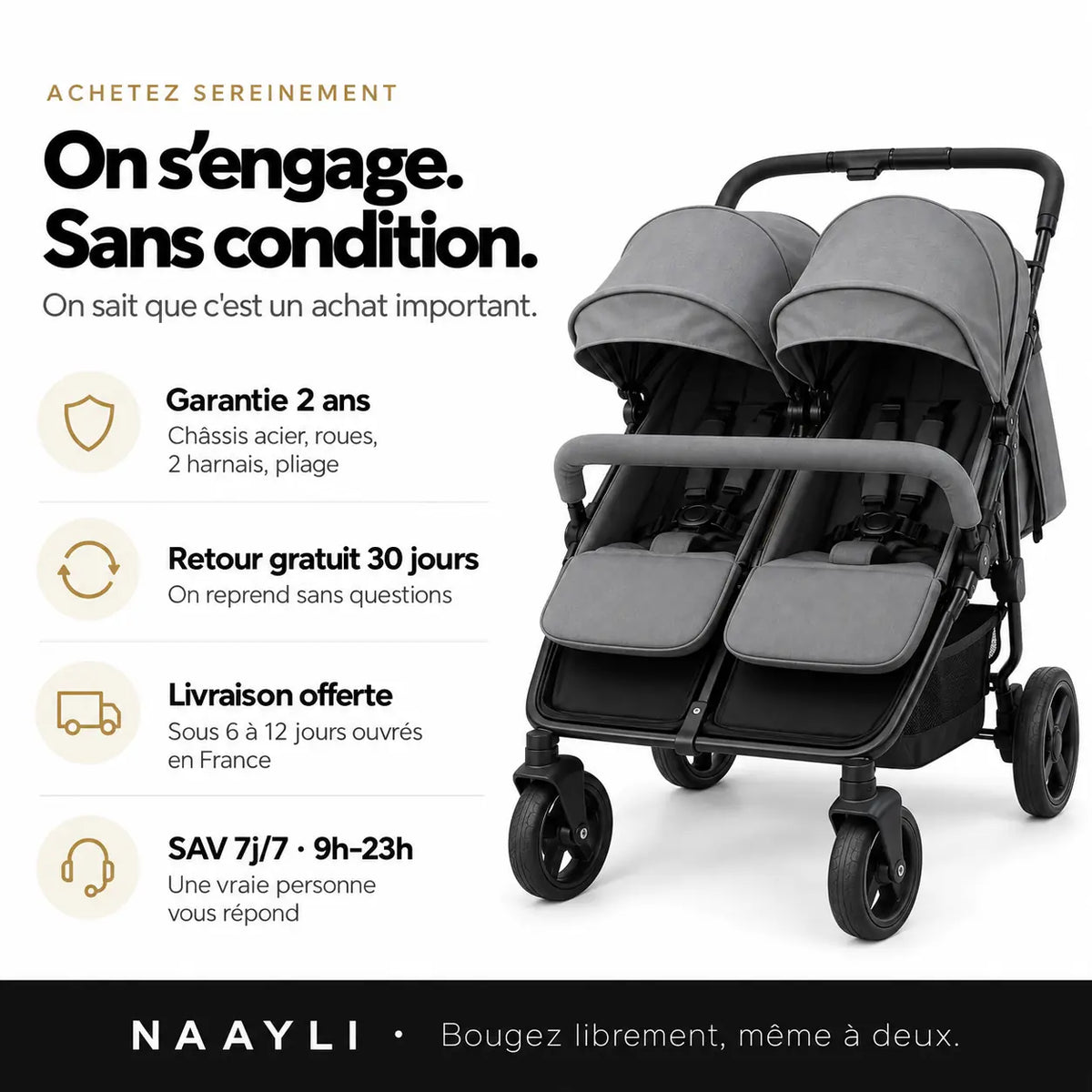 Poussette double compacte côte à côte - NAAYLI