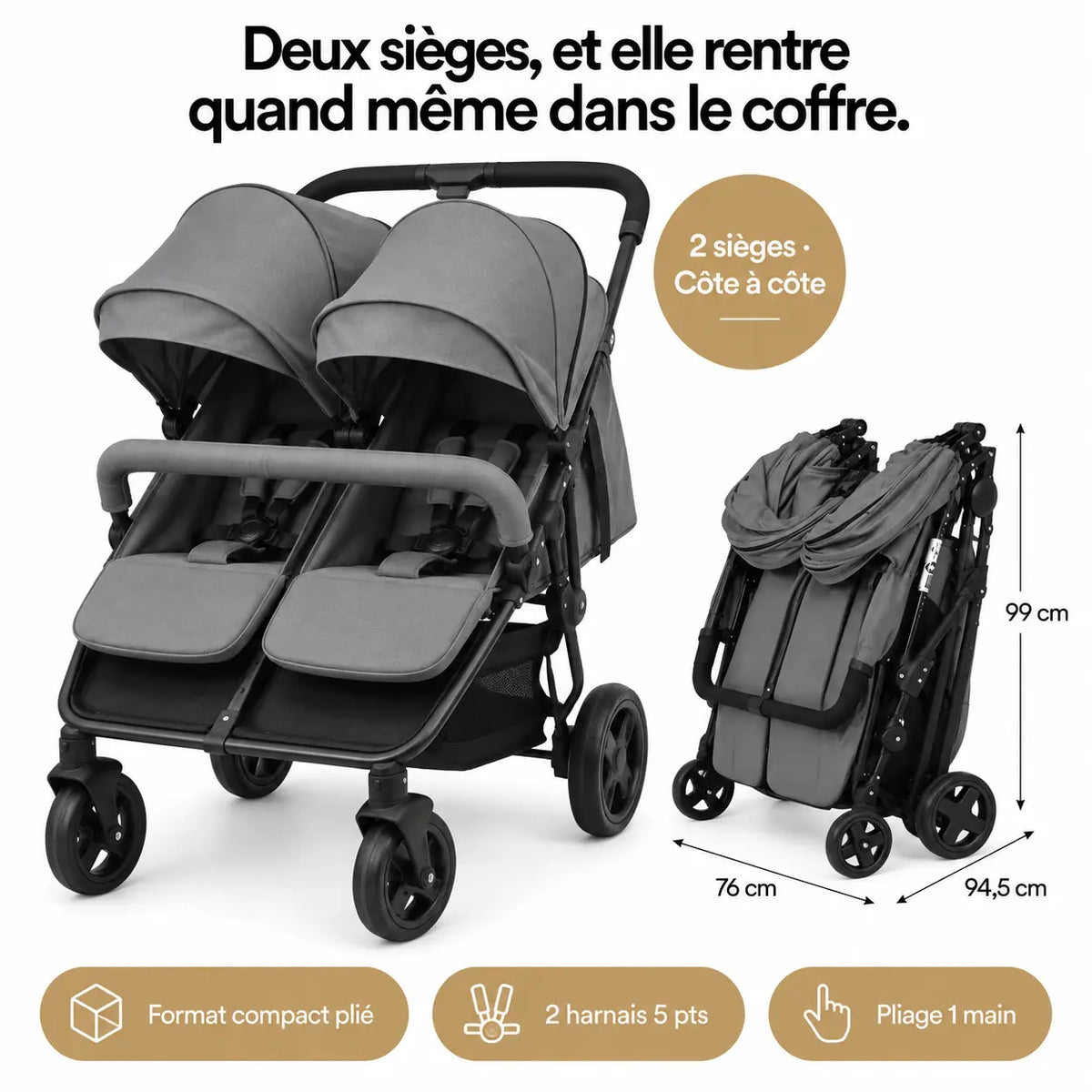 Poussette double compacte côte à côte - NAAYLI